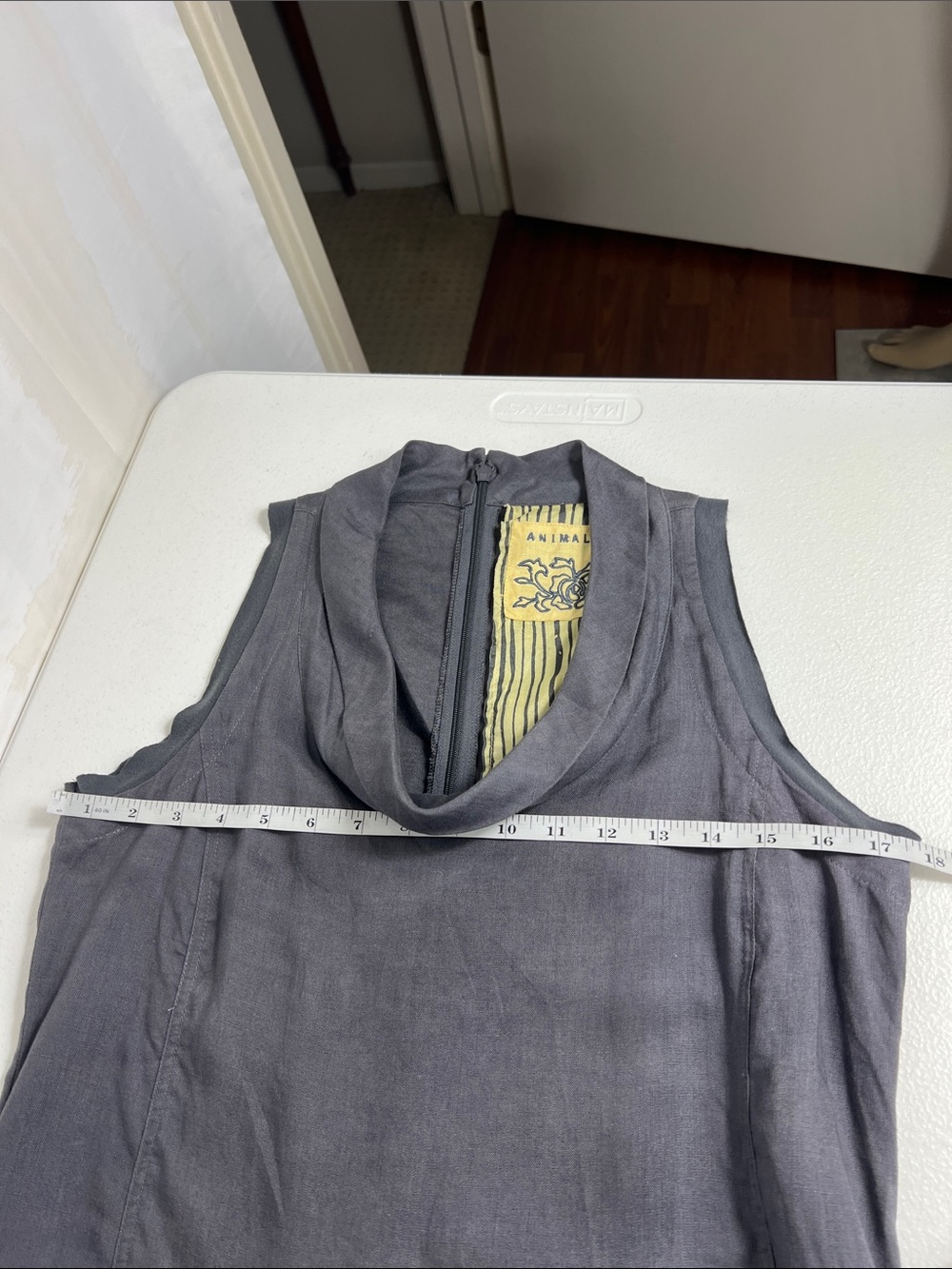 Animale Sz 8 Linen Dress Taupe/Gray Drop Waist Asymmetrical Hem Pockets - Picture 9 of 16